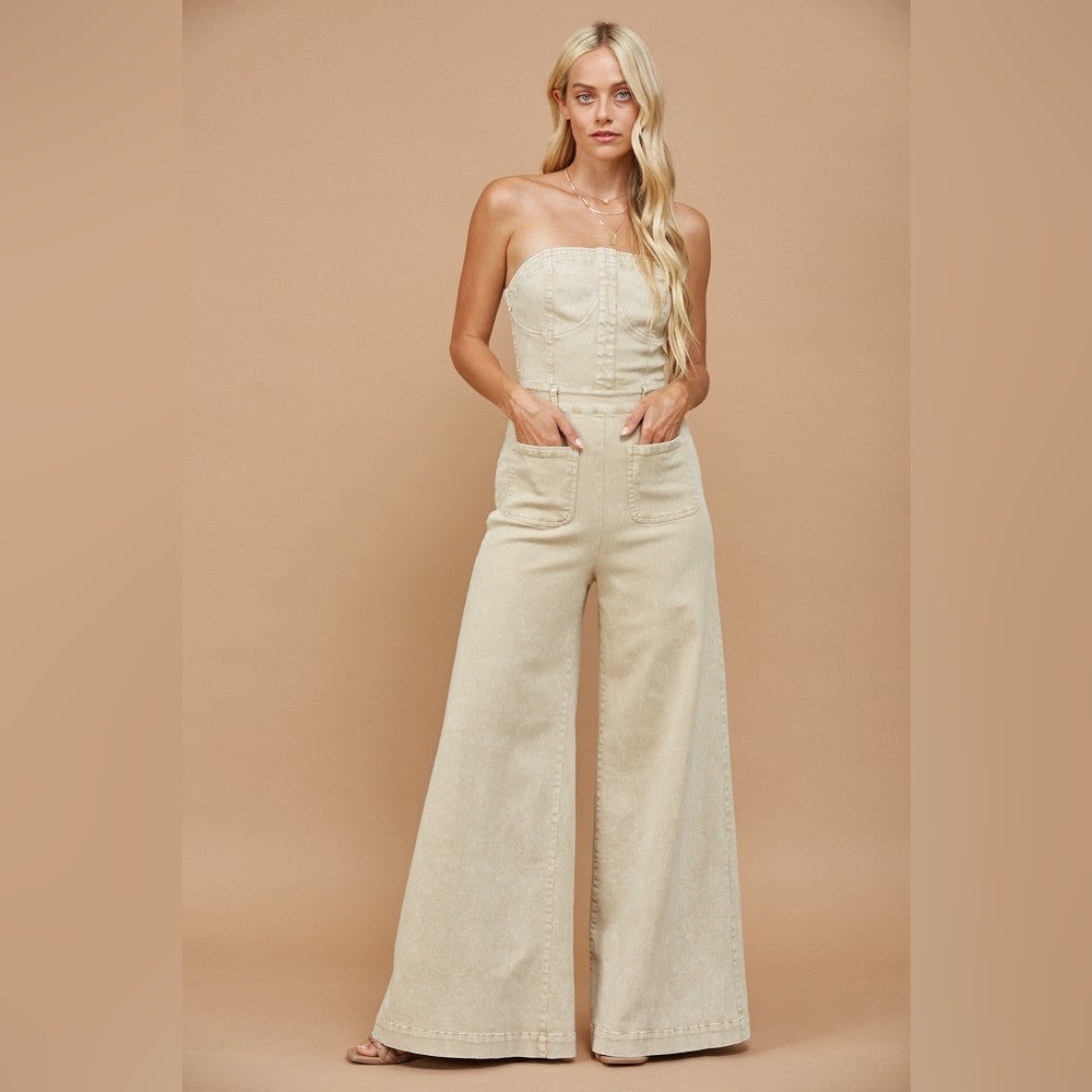 NEW!! Wheat Mineral Wash Strapless Wide Leg Denim Jumpsuit